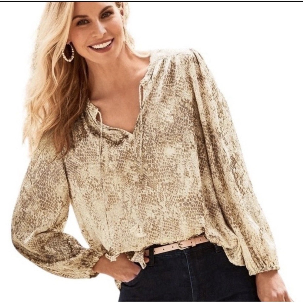 Tommy Bahama Blouse Women Large Tan Snakeskin Burnout Tassel Split Neck Top